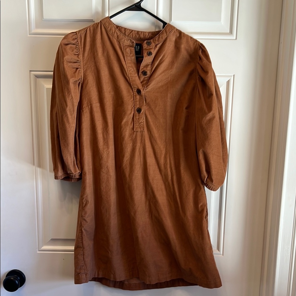 GAP Tan Casual Puff Sleeve Dress with Crew Neck